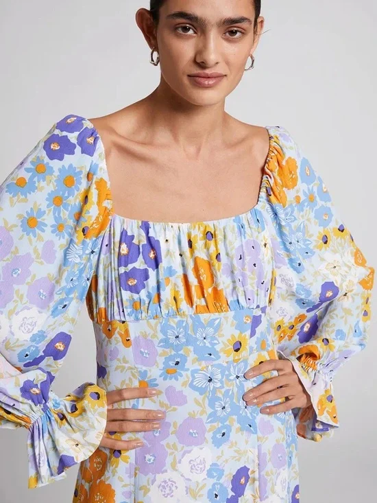 & Other Stories Floral Print Puff Sleeve Midi Dress with front slit - Picture 4 of 4